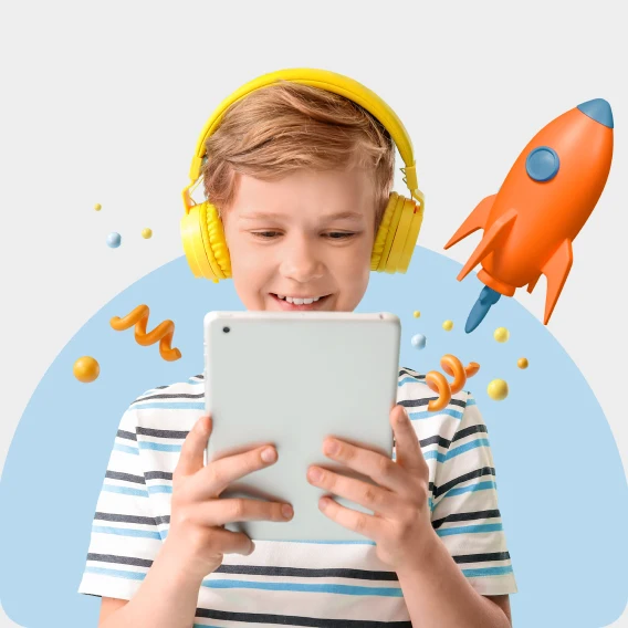 boy with ipad rocket